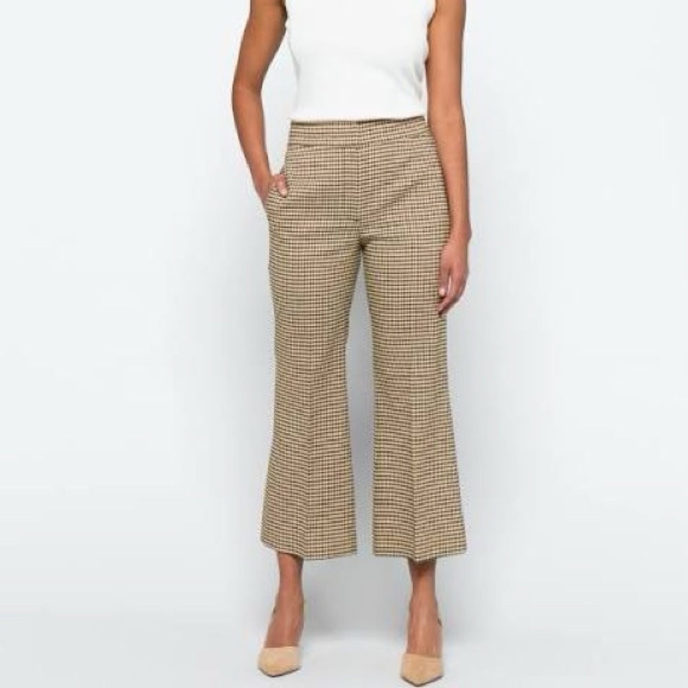Rebecca Taylor Check Flare Pant Cropped Wide Leg Linen Blend Pockets Size 12